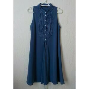 Zara Basic Blue A-Line Dress Women Sz Small Ruffles Belt Sleeveless Chiffon Mock